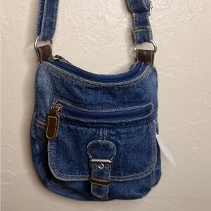 Denim Pocket Crossbody Bag with Brown Accents